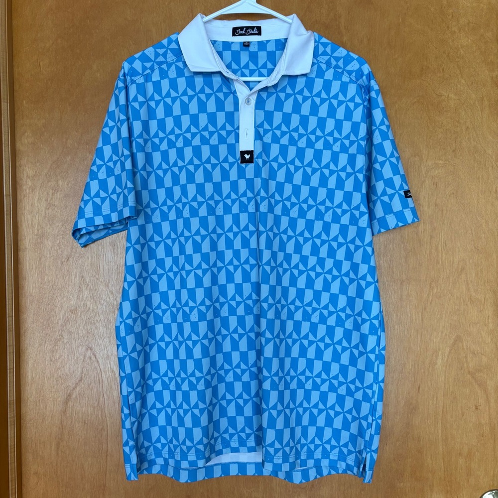 Bad Birdie Mens Golf Polo Shirt Blue Geometric Pattern Short Sleeve Size M